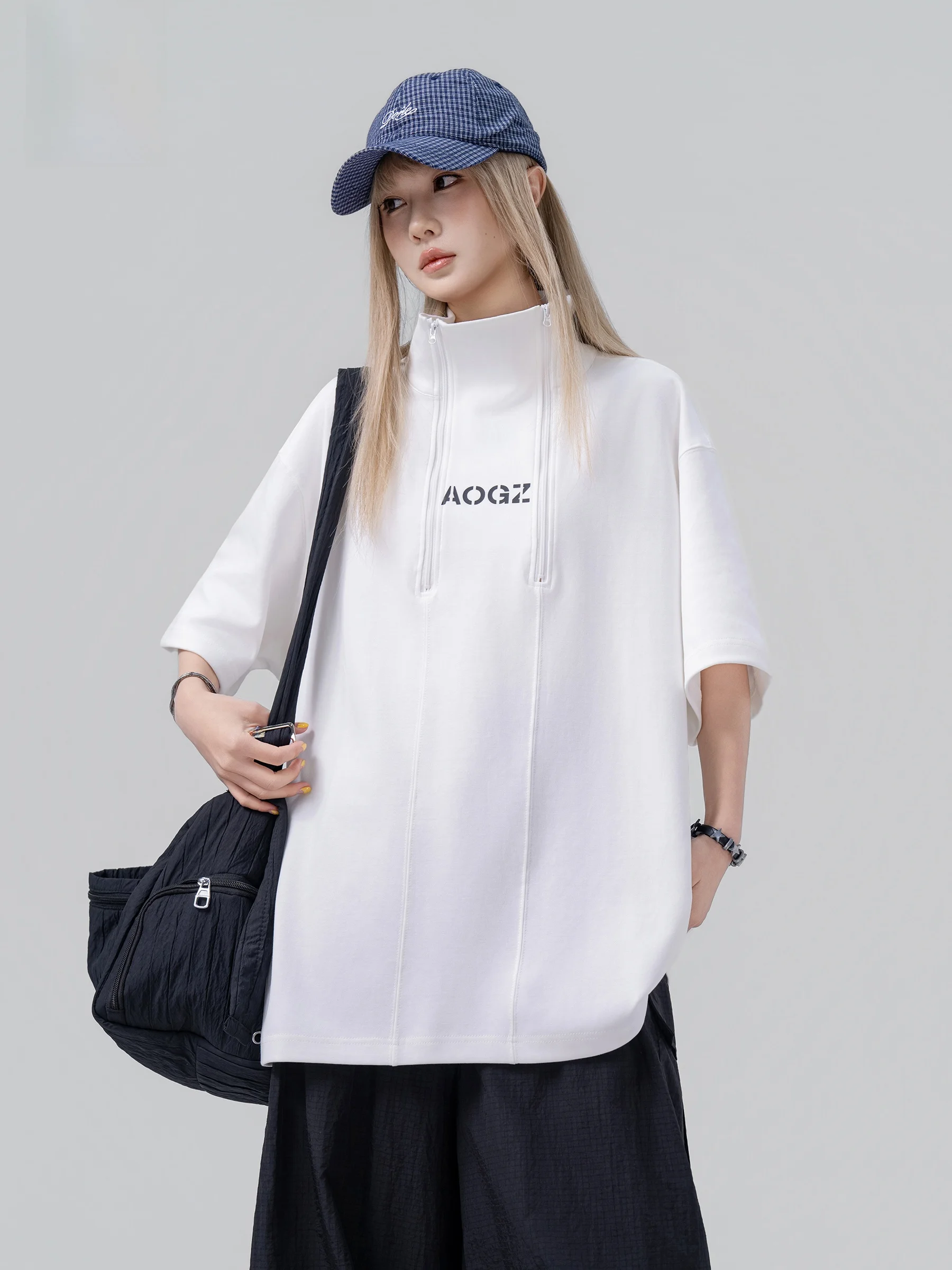 AOGZ Unisex Double Zipper Stand Collar Short Sleeve T-Shirt Outdoor Functional Half Sleeve Summer Fashionable Cotton Blend Top