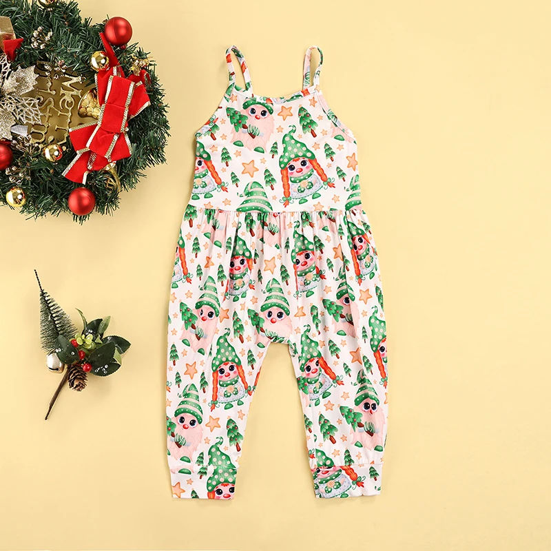 Toddler Holiday Romper Children s Festive Sleeveless Jumpsuit with Cute Cartoon Print and Spaghetti Straps