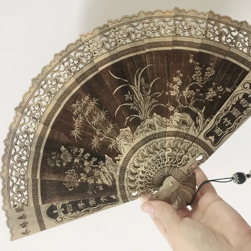 Home Decoration Crafts Gold Silk Nanmu Fan Hollow Carving Flower Exquisite Folding Fan Decorative Display Piece