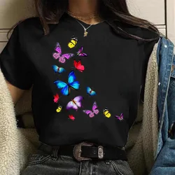 100% de algodón de verano con estampado de letras y mariposas de dibujos animados para mujer, camisetas de gran tamaño, ropa estética