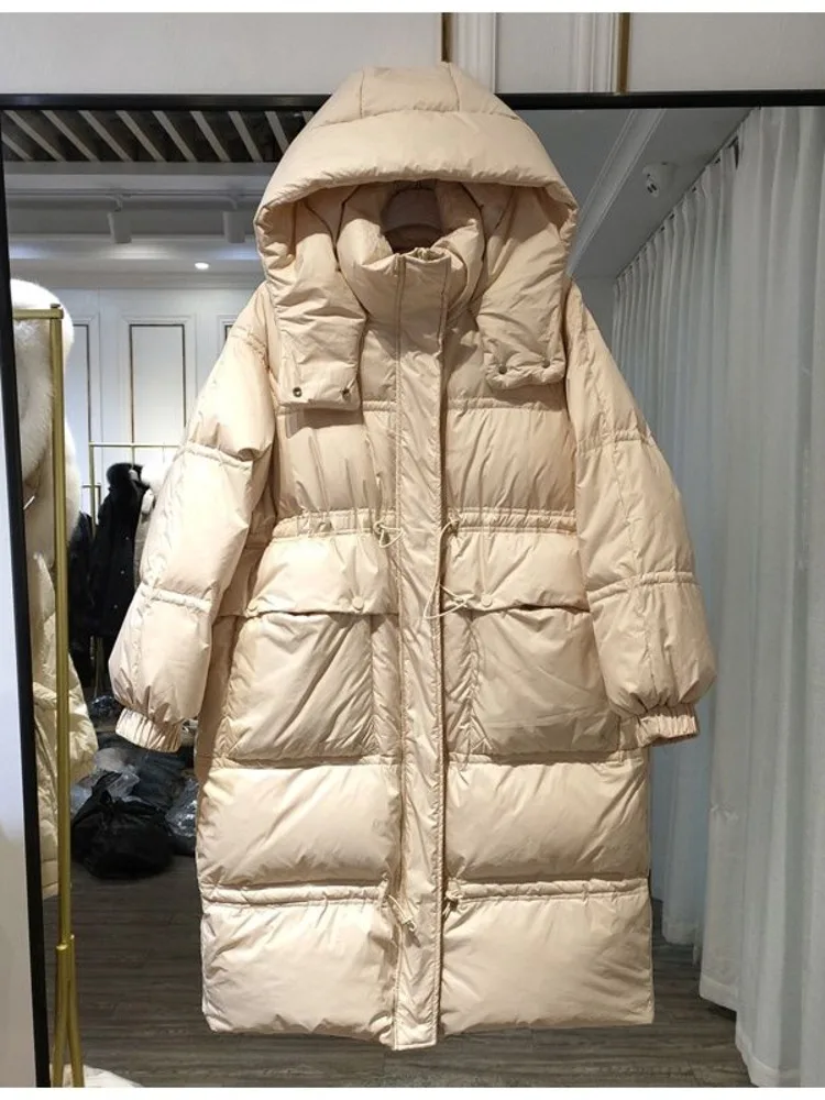 Winter Hooded Down Long Jacket Women 90% White Duck Down Coat Casual Loose Pleating Parkes Snow Windbreak Warm Outwear