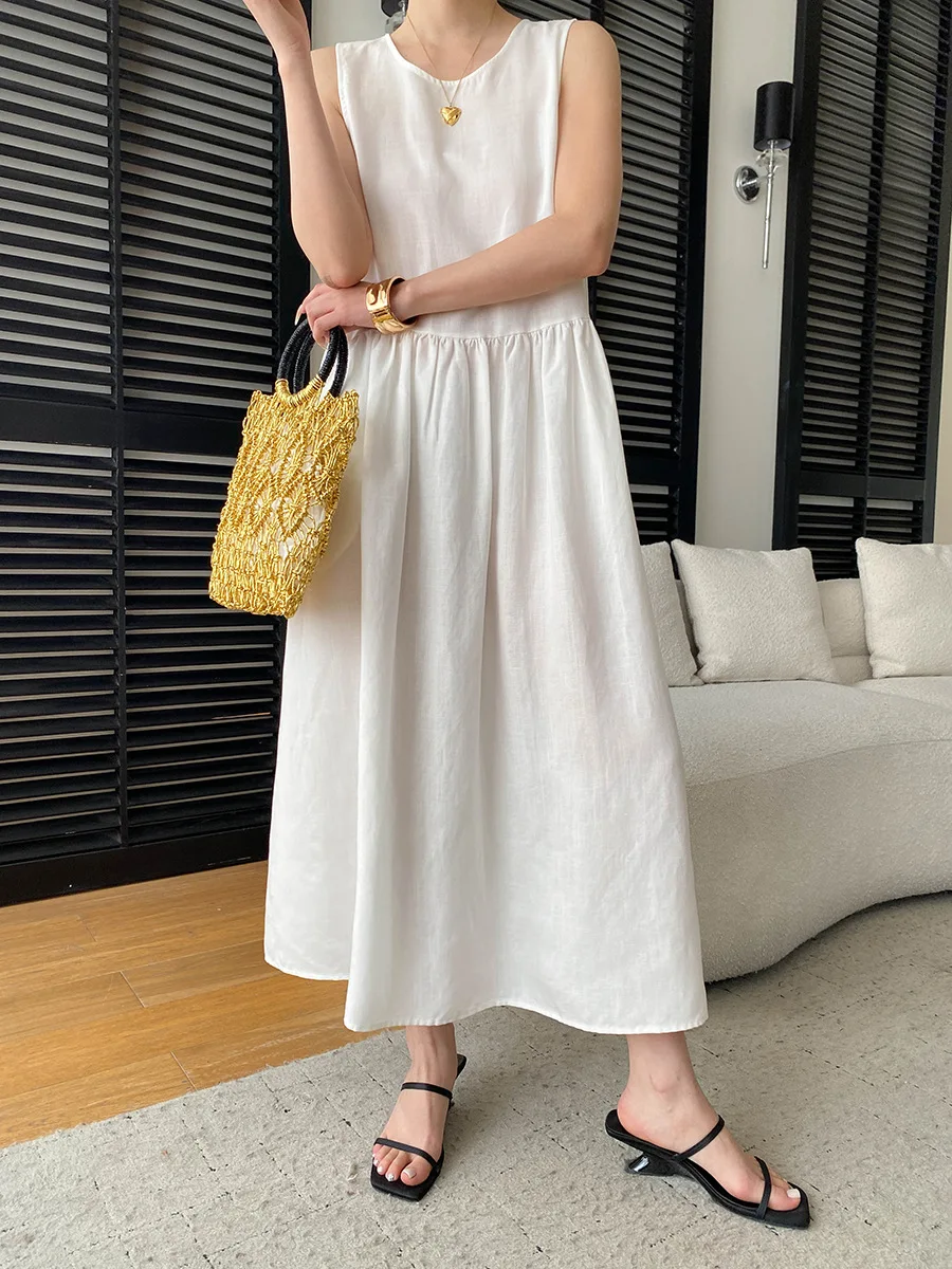 Sommerliches, lässiges, einfarbiges, ärmelloses Patchwork-Kleid mit Rundhalsausschnitt für Damen – Detail 15