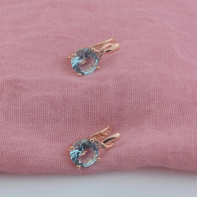 FJ Women 585 Rose Gold Color Round Light Blue White Crystal Twisted Dangle Jewelry Earrings