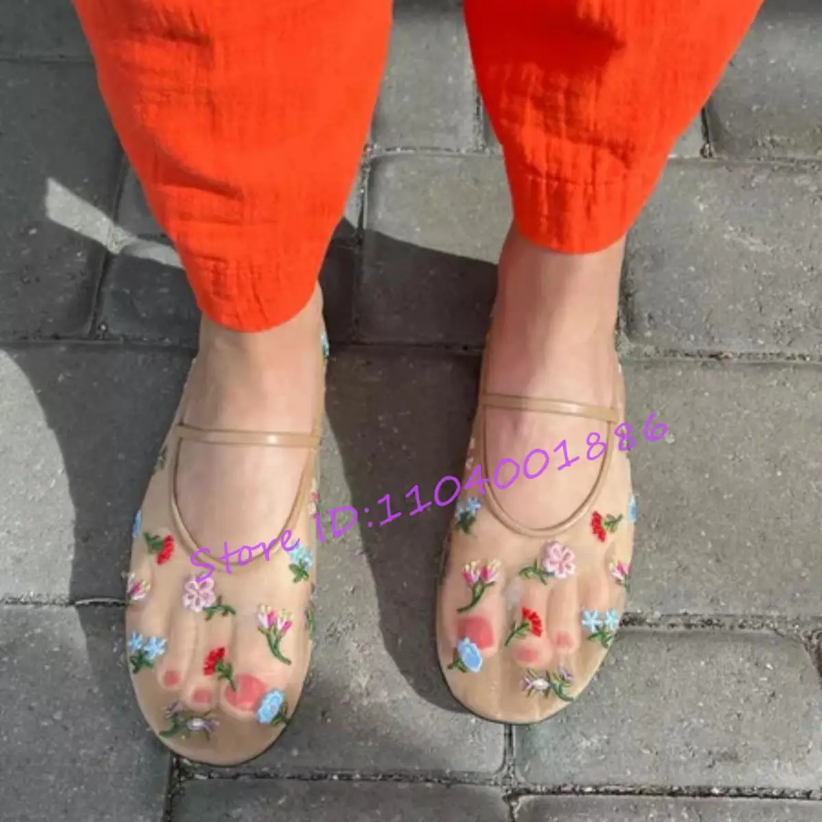 Summer New Mesh Ballet Flats Round Toe Floral Embroidery Mary Jane Shoes Black White Apricot Slip On Elegant Casual Women Shoes