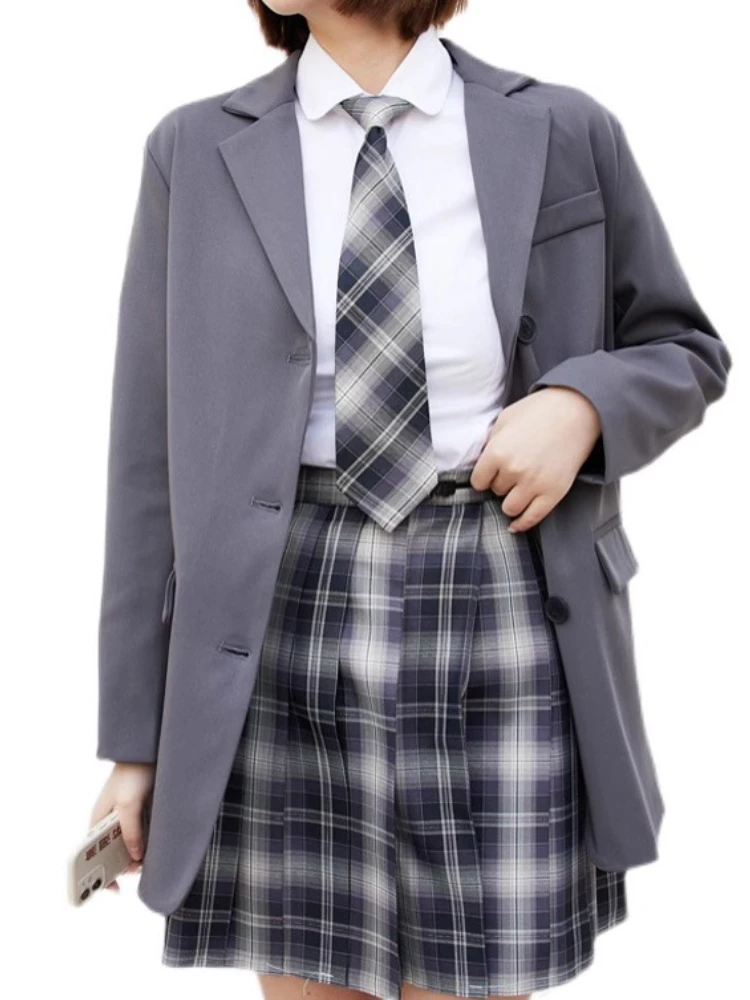 New College Korea Style Uniform Blazer Women Middle Long Jacket Top Girls Grey/Black Coat Solid Color Long Sleeved Spring Autumn