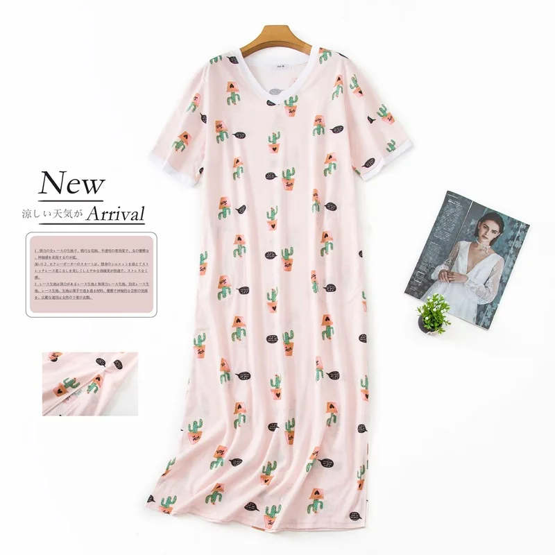 

Summer Women Cartoon Sleep Dress Cotton Sleepshirts Short Sleeve Nightgown Large Size Loungewear Home Dress Long Nightdresses