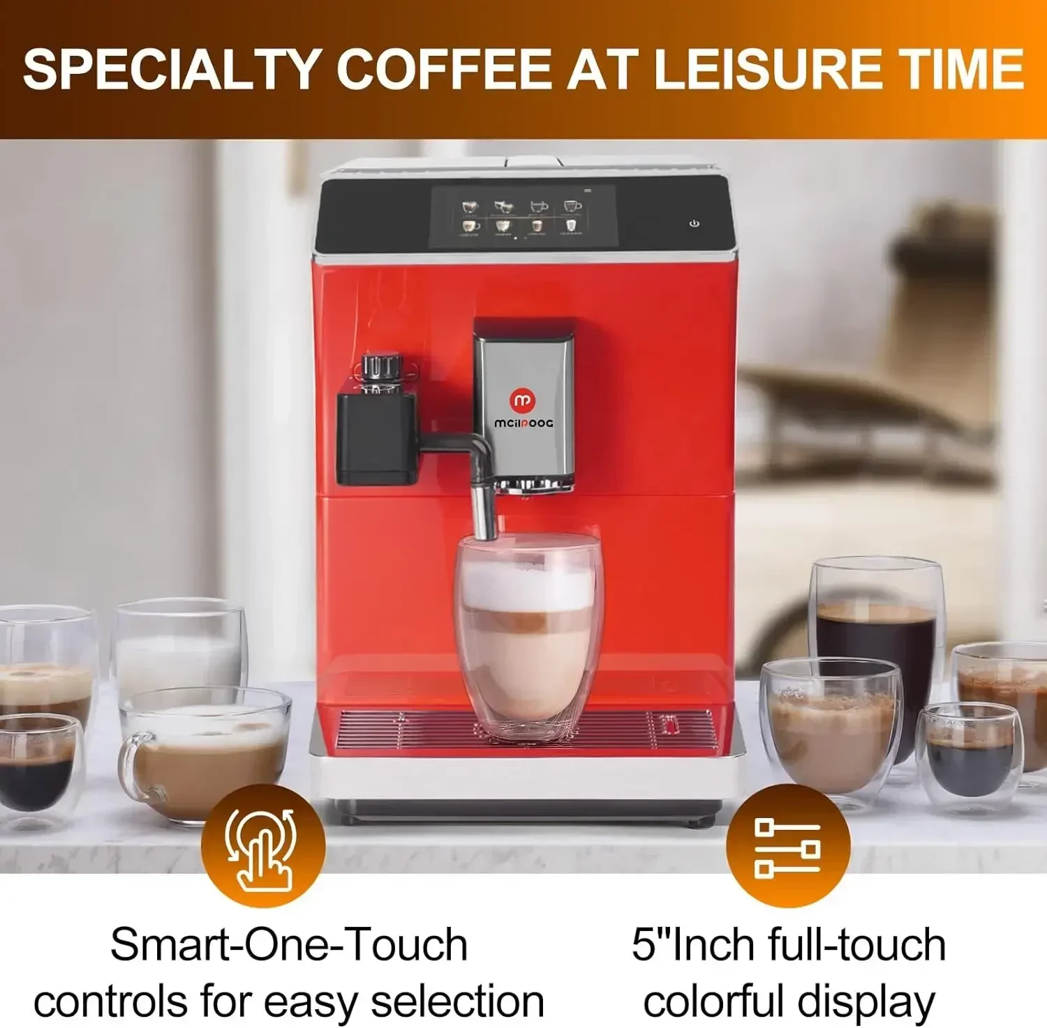 Mcilpoog Super Automatic Espresso Coffee Machine,Fully   Machine With Grinder, Easy To Use Touch Screen