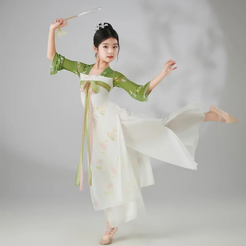 Chinese Children Folk Dance Costume Vintage Mesh Tops+pants Skirt Set Chiffon Stage Dance Wear Retro Performance Princess Hanfu