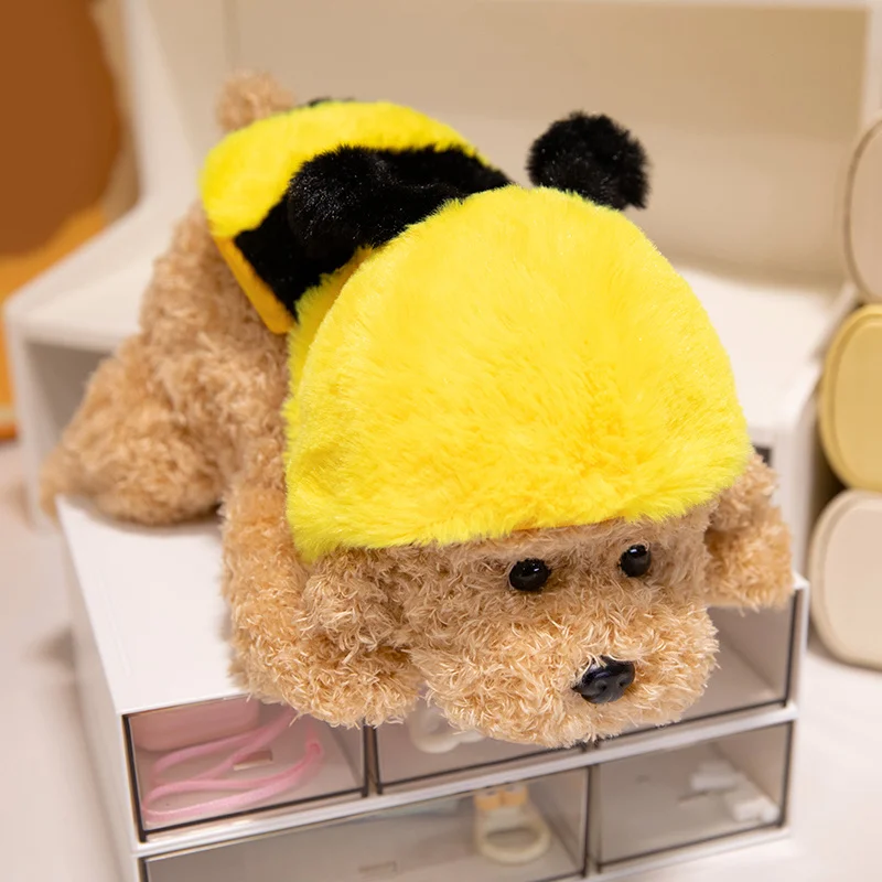 33-48cm Cute Lying Teddy Dog Plush Doll Wearing Bee Ladybug Cape Teddy Dog Plush Toy Warm Hug Home Decor Gift For Boys And Girls