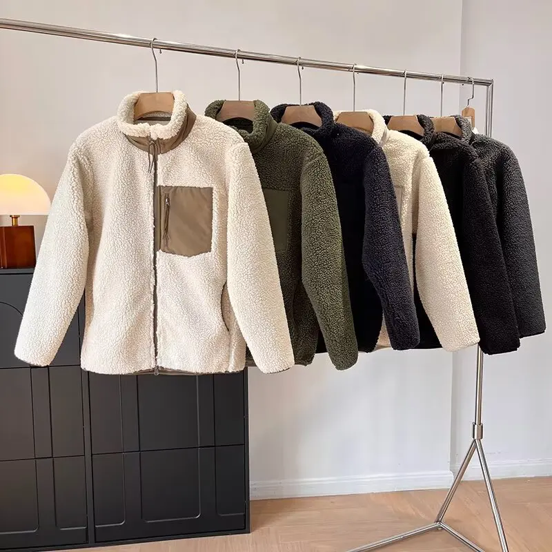 Classique retour ex col montant coupe-vent chaud Fce fourrure d'agneau Jaet manteau décontracté coupe ample universel longue fermeture éclair