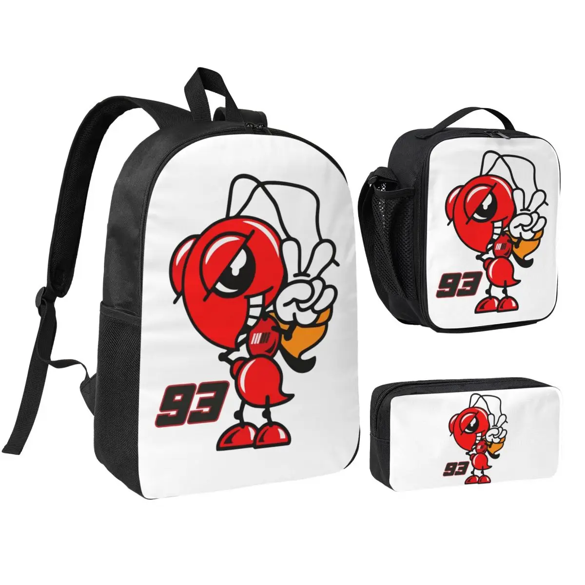 Mochila para motocicleta Marc Marqueze 93, mochila escolar para meninos e meninas, bolsa de ombro, 3 peças, bolsa térmica para almoço, estojo para lápis