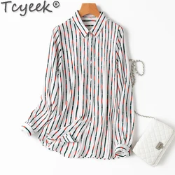 Tcyeek 100% Mulberry Silk Womens Shirts 2024 Spring Summer Long Sleeve Top Elegant Shirts for Women Clothes Striped Shirt Camisa