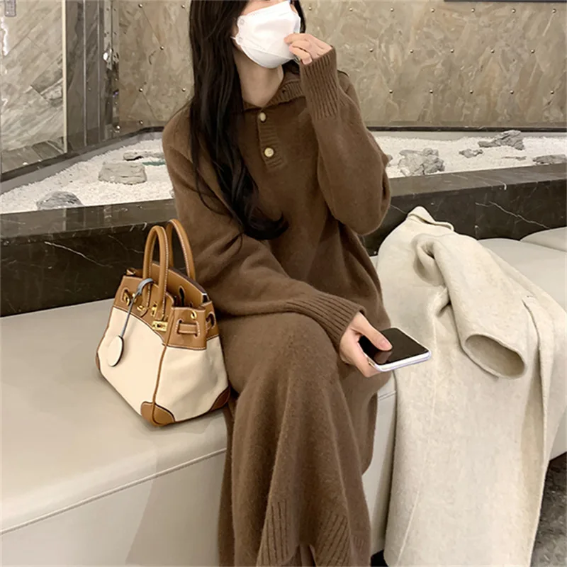 

Sweater Dress Korean Style Comfortable Casual Fashion Autumn Winter New Loose Long Knitted Dress Women's Button-Up Collared