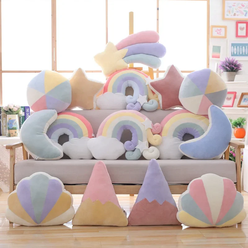 Almohada de felpa 3D para niños y niñas, cojín con respaldo de peluche suave, Juguetes Divertidos de cumpleaños, cielo, nubes, arcoíris, naturaleza,