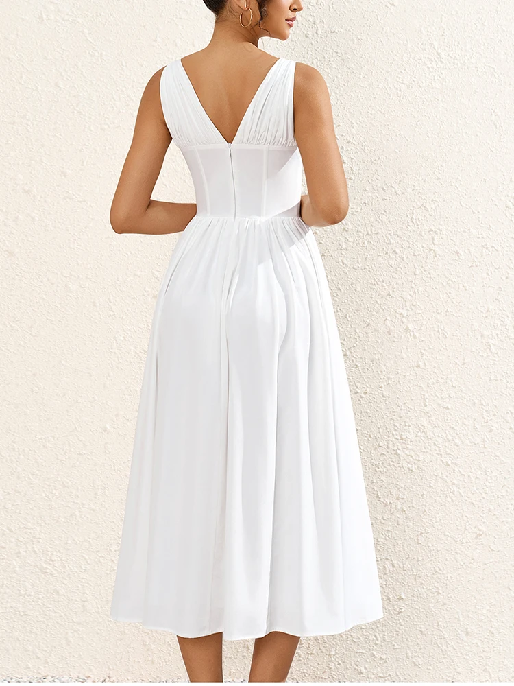 NewAsia Summer Dress with Boning Women's Sleeveless V-Neck Backless Pleated Long Dresses Slim-Fit Trendy Beach Vacation Vestidos