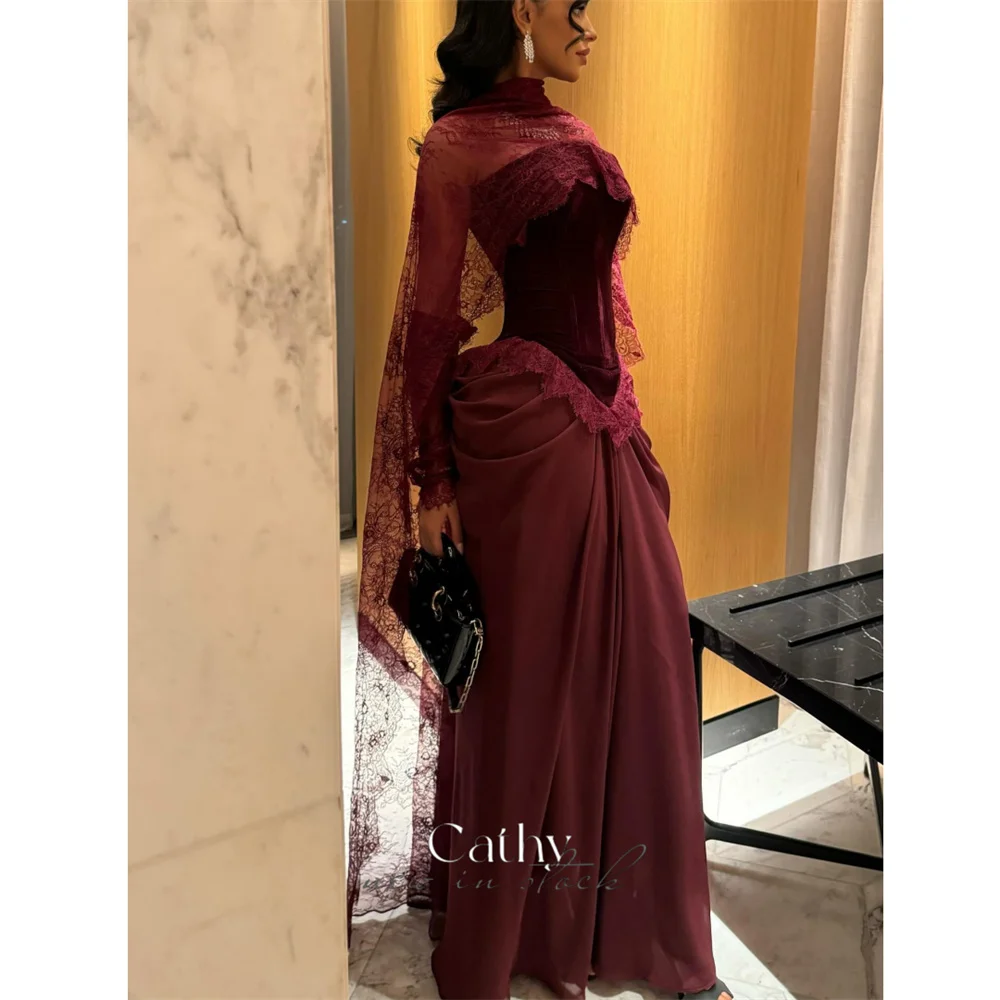 

Cathy Customized Burgundy Lace Shawl Velvet High Neck Prom Dress A-line Long Sleeve vestidos de noiva Floor-length Formal 2025