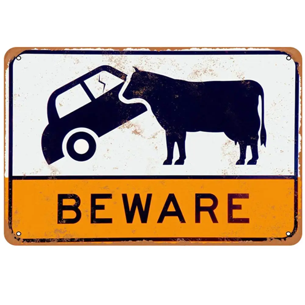 Retro Design Beware Big Bison Tin Metal Signs Wall Art | Thick Tinplate Print Poster Wall Decoration for Garage