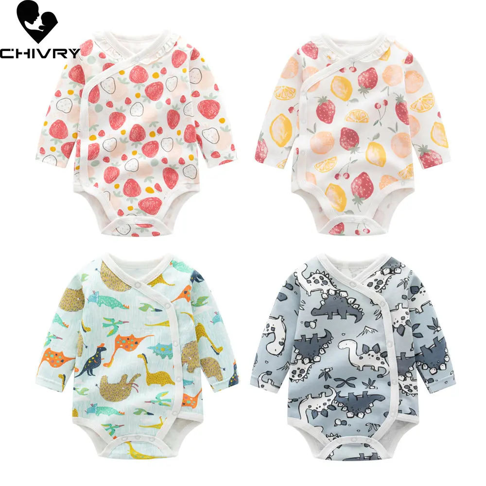 Monos de algodón con estampado de dinosaurio para recién nacido, monos de primavera para bebés, niños y niñas, ropa envolvente de manga larga con botones