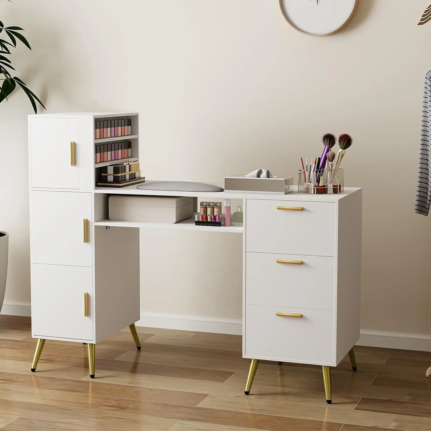 Portable Nail Desk with Drawers White Manicure Table Nail Station | L-Shaped Salon with Shelves Corner Nail Art Equipment
