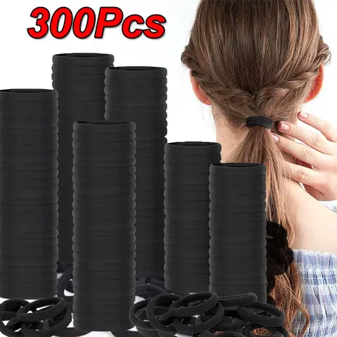 100/200/300PCS Elásticos de Cabelo para Mulheres e Meninas, Pretos, Brancos e Coloridos, Elásticos de Borracha Simples de Alta Elasticidade para Rabo de Cavalo