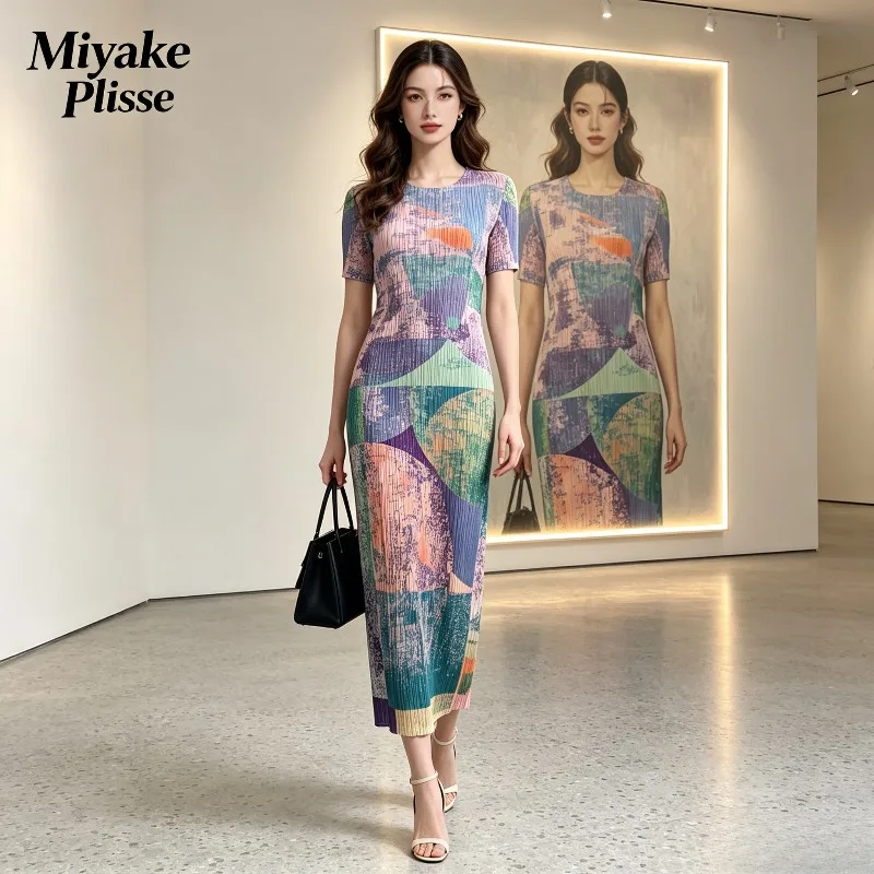 Miyake Pleated 2026 New Texture Print Dress Round Neck Short Sleeve One-Step Skirt High-End Elegant Straight Long Dress Pleat