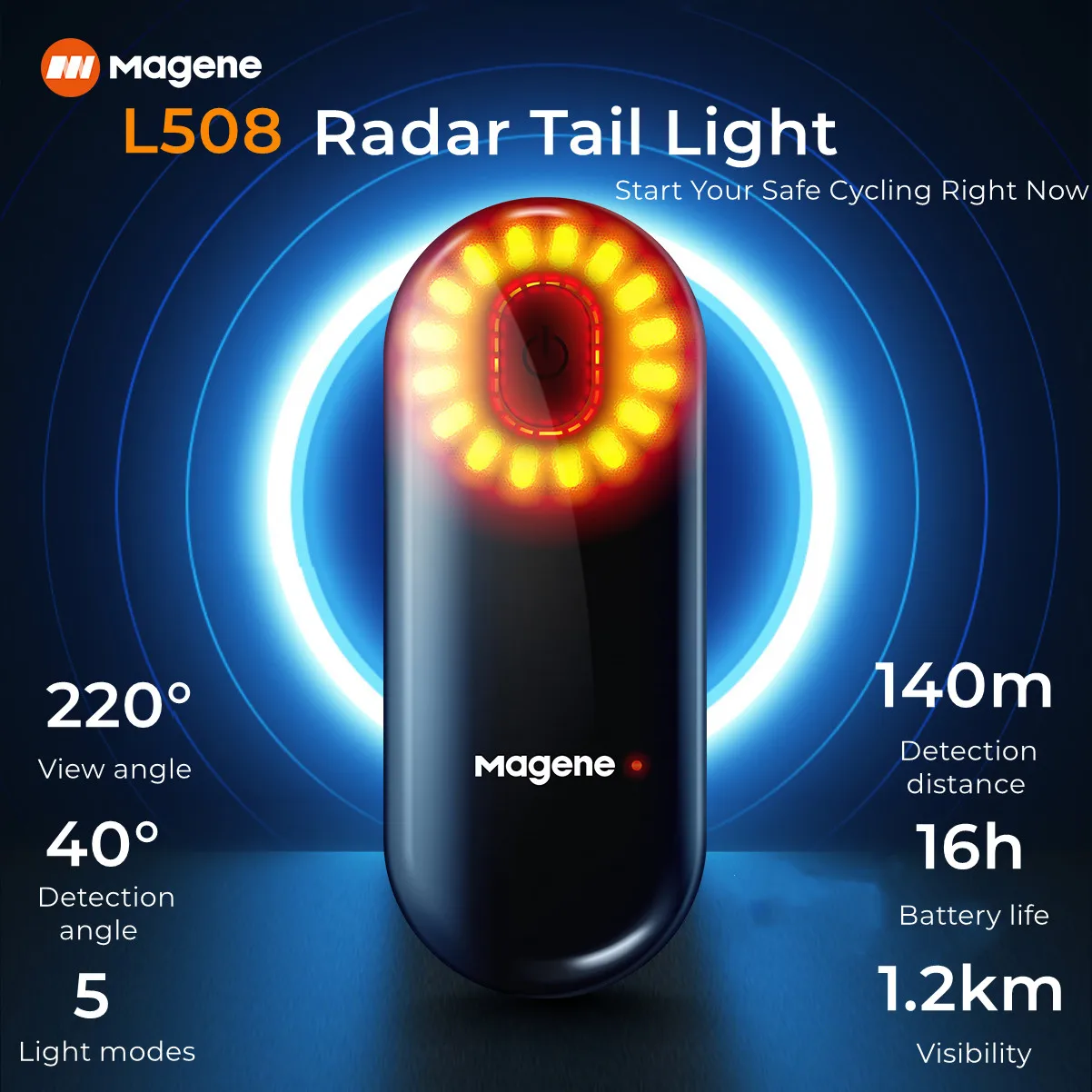 Magene-enquêter arrière de vélo à détection de freinage, radar intelligent L508, 5 modes, feu arrière, chargement USB, lumière LED de vélo