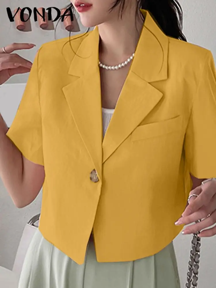 VONDA Elegant Summer Blazer Women Short Sleeve Suit Collar OL Coat 2023 Fashion Outwear Solid Color Casual Button Tunic Tops