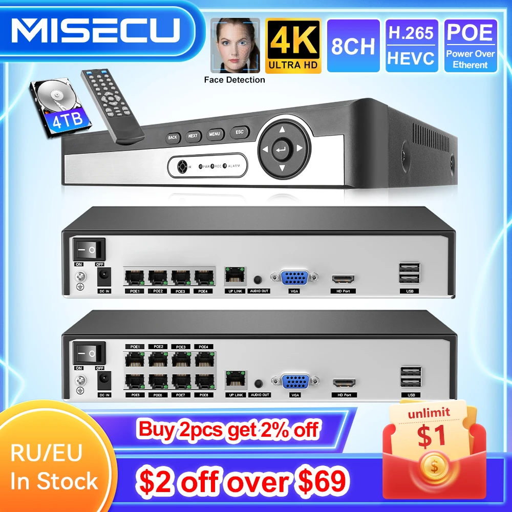 MISECU H.265 8CH 8MP 5MP 4K 1080P POE NVR Безопасность Двусторонний аудио - и видеомагнитофон POE Сетевая камера ONVIF