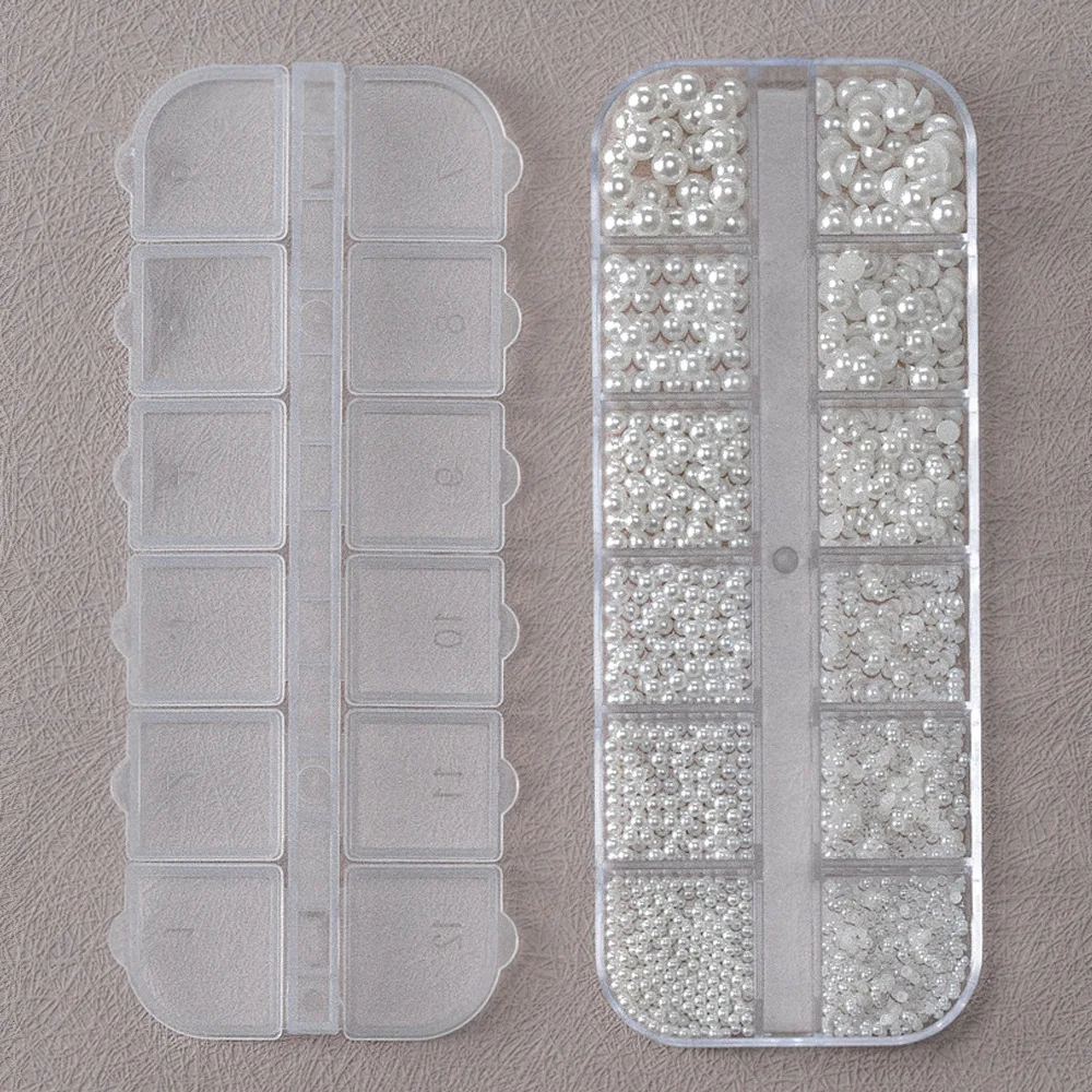 12 Griglie Semicerchio e Perle Rotonde Perline 3D Decorazione Nail Art 1.5-5mm Perle Bianche Gioielli per Unghie Mestiere Perla Accessorio per Manicure