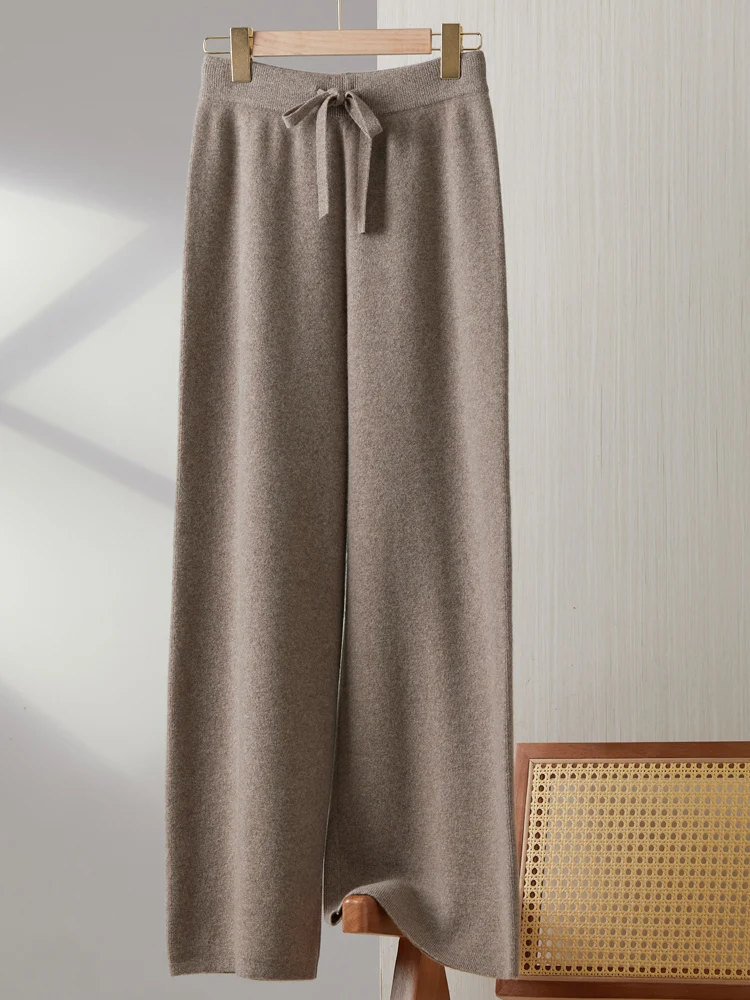 

New Women Wide Leg Pants 100% Merino Wool Knitted Trousers Autumn Winter Casual Style Thick Soft Warm Cashmere Pants Drawstring