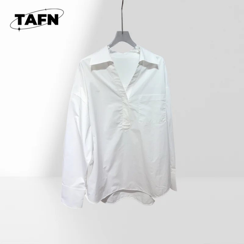 

V-neck Loose White Shirt Women's High-Low Shirt Loose Cotton Linen Blouse Ladies Office Blouse Solid Color V-Neck ShirtAH01169