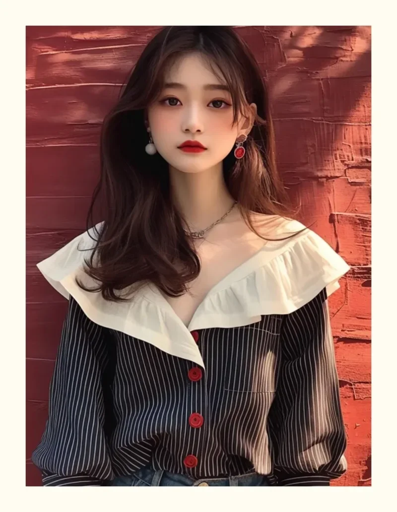 Vintage Women's Shirts Spring/summer New Chiffon Striped Women Blouses Loose Long Sleeve Top Ruffles Korean Clothing Sales