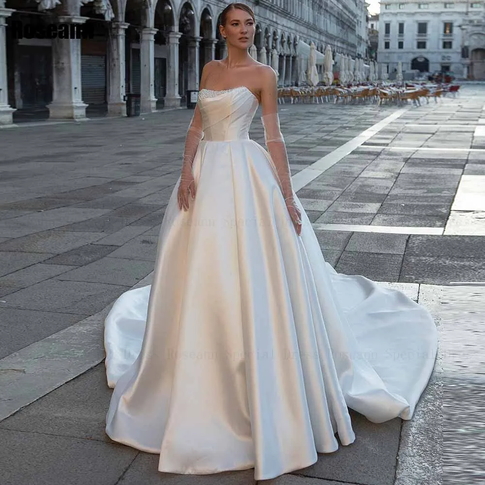 

Fashion A-line Wedding Dress Strapless Open Back Draped Pleat Sleeveless Bride Dresses Brush Train Floor Length robe de mariée