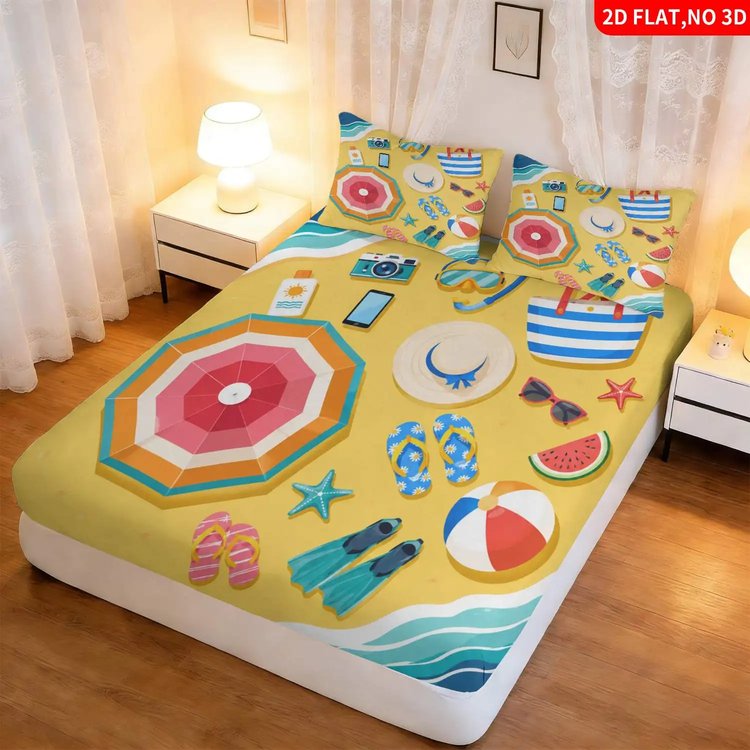 3-Piece Mattress Protector Set with Tropical Beach Bedding, Suitable for Bedroom Resort Decor. Starfish and Watermelon Print Fitted Sheet, Mattress Protector, Stain-Resistant. Suitable for All Seasons, Machine Washable, Easy to Care For, Universal for Home Bedrooms, Essential for Dormitories and Rentals, Master Bedroom Decoration, Dust-Proof and Stain-Resistant, High Elasticity, Fits Various Sizes