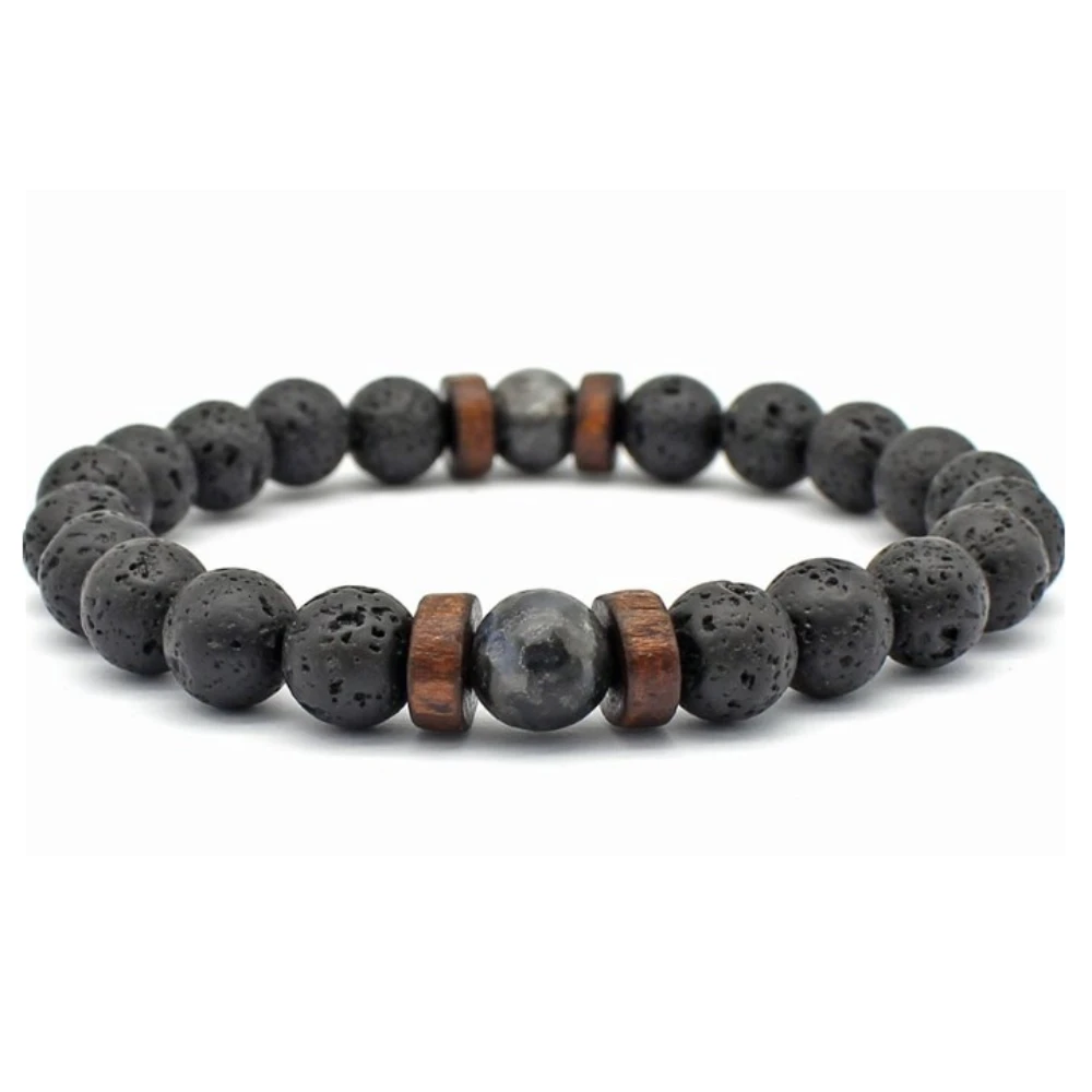 NAHM - Bracelet ajustable homme perles noires lisses magma et onyx NB0342