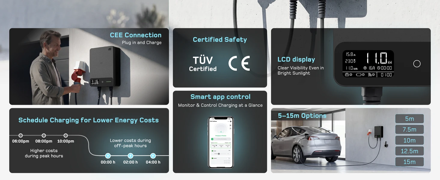 dé Wallbox Typ 2 11kW 16A 3-Phasen-Ladestation mit Tuya Smart App-Steuerung für Elektrofahrzeuge, 5m 7,5m 10m 12,5m 15m EV-Ladekabel – Detail 2