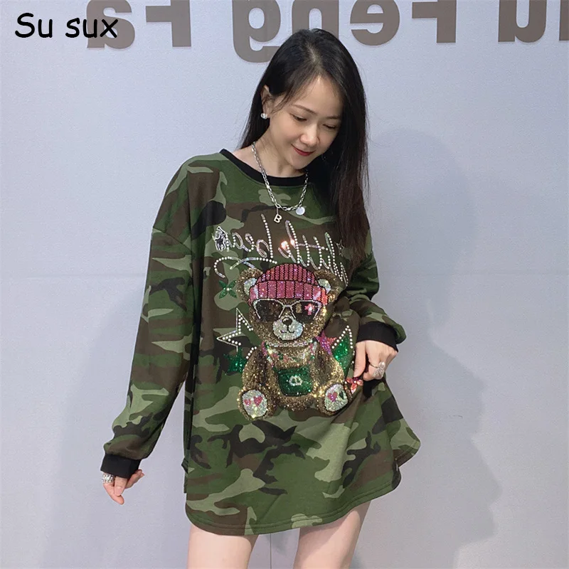 Cartoon Bear Camouflage Long Sleeve T Shirt Woman Oversized Tops Y2k 2026 Autumn Bust140cm Casual Loose Sweatshirts Outwears