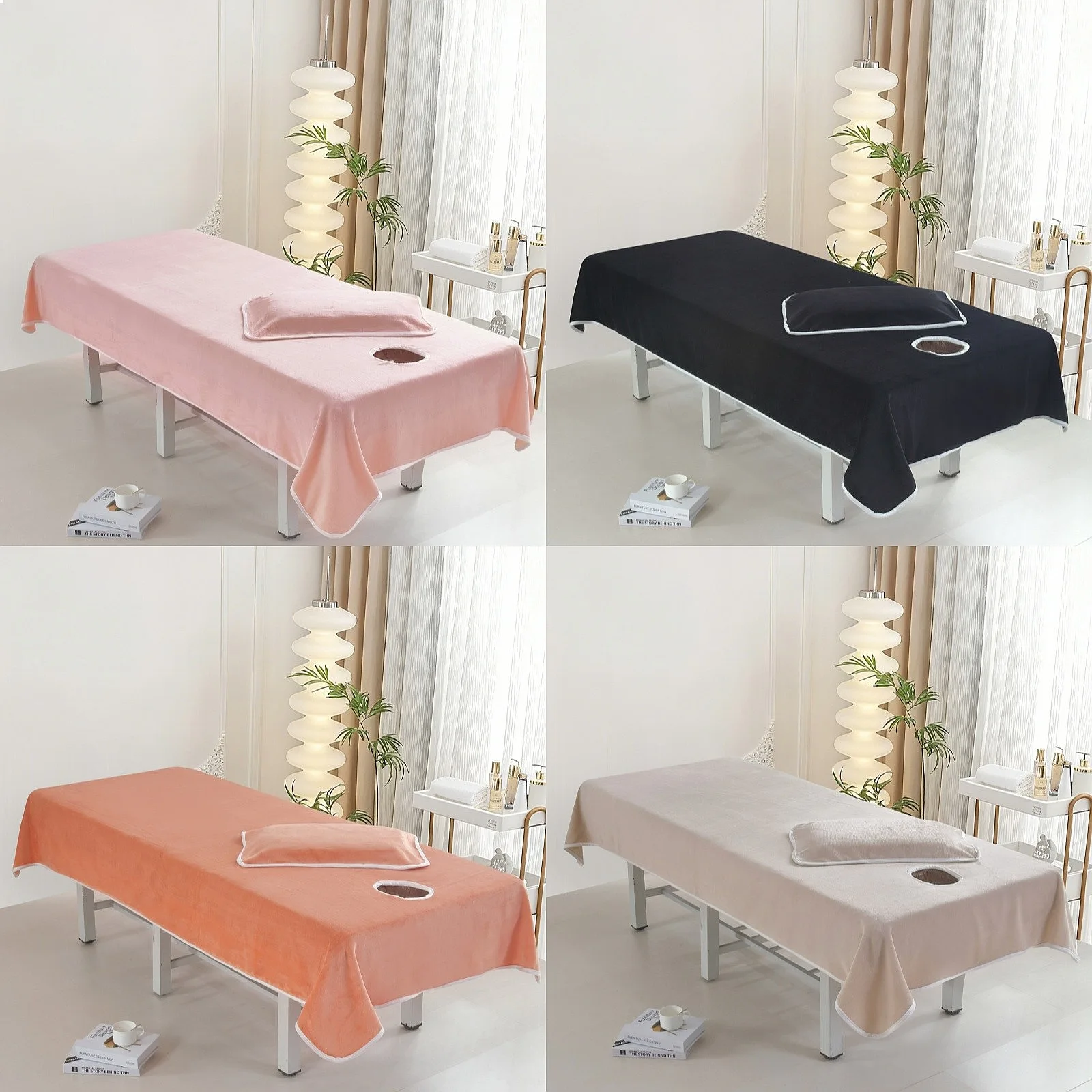 Solid Color Milk Fleece Beauty Salon Bedspread, Breathable Hole Hemming, Comfortable Anti-Dirty, 2-Piece Set