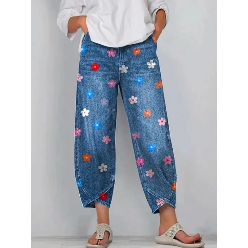 Vintage Blumenmuster Cropped Harem Caprihose Damen Baumwolle Locker Sitzende Tulpen-Wickelhose Knöchellange Freizeithose Sommer Streetwear – Detail 11