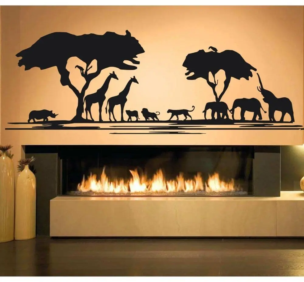 Calcomanía de pared de árbol de animales de África Savanna, decoración del hogar, sala de estar, guardería de zoológico africano, decoración para habitación de niños, pegatinas de animales de la selva D723