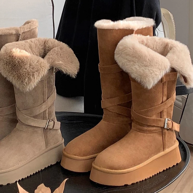 النساء الفراء منتصف العجل الأحذية أحذية منصة مسطحة أفخم حذاء الثلج عالي الرقبة دافئ 2025 الشتاء الاتجاه أحذية رياضية أحذية تشيلسي عادية De Mujer