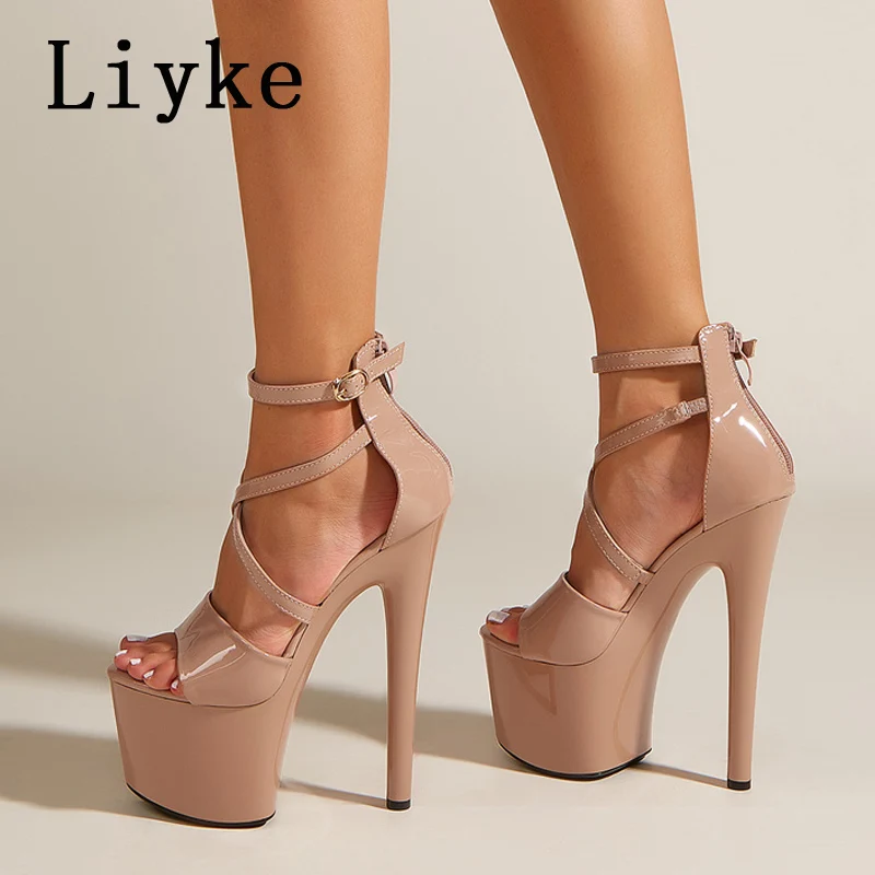 Liyke Fashion Runway Ankle Strap Platform Sandals Women Summer Patent Leather Open Toe Zip Sexy 17CM High Heels Pole Dance Shoes