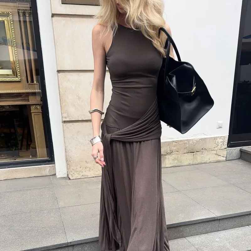 Sexy Patchwork Ruffle Slim Dresss Women Fashion Solid Bandage O-neck Sleeveless Pullover Long Dress High Street 2025 New Summer