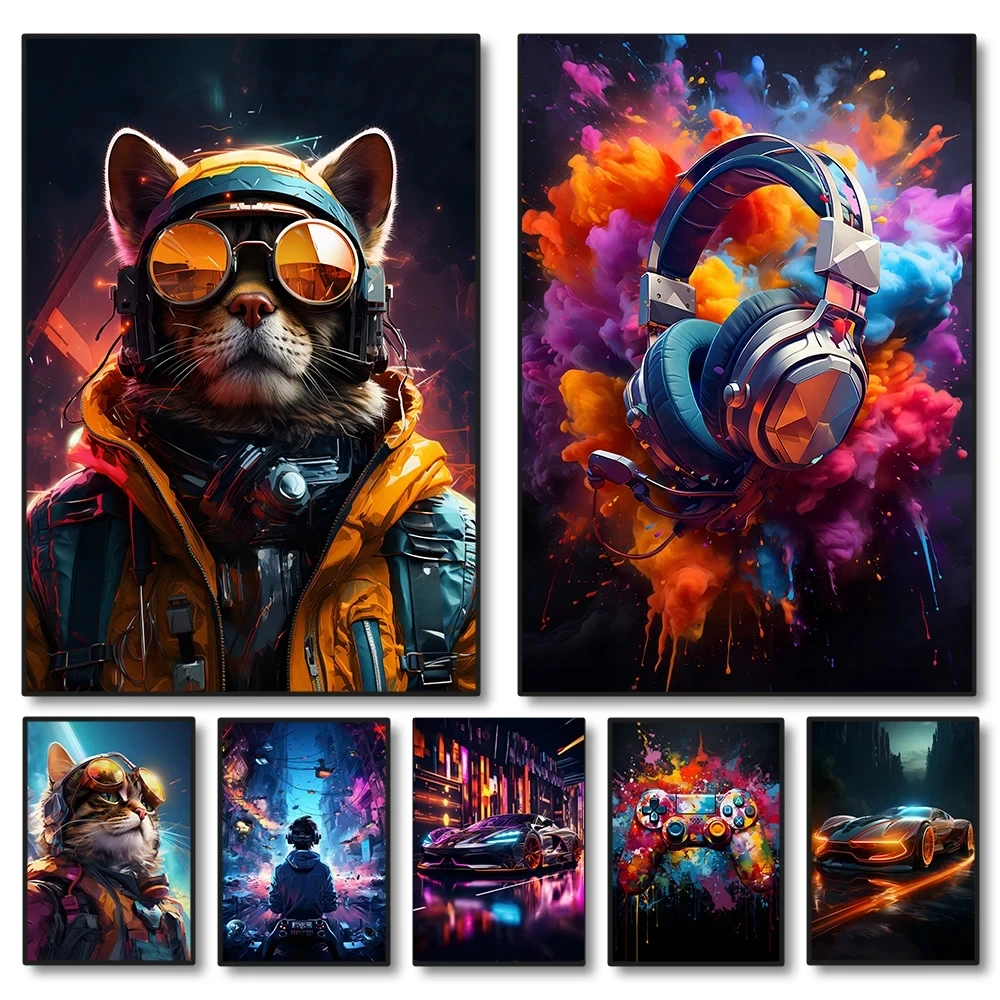 80s 90s Colorful Neon Cyberpunk Art Gamer Controller Diamond Painting Fantasy Earphones Esports Gaming Painting For Room Decor