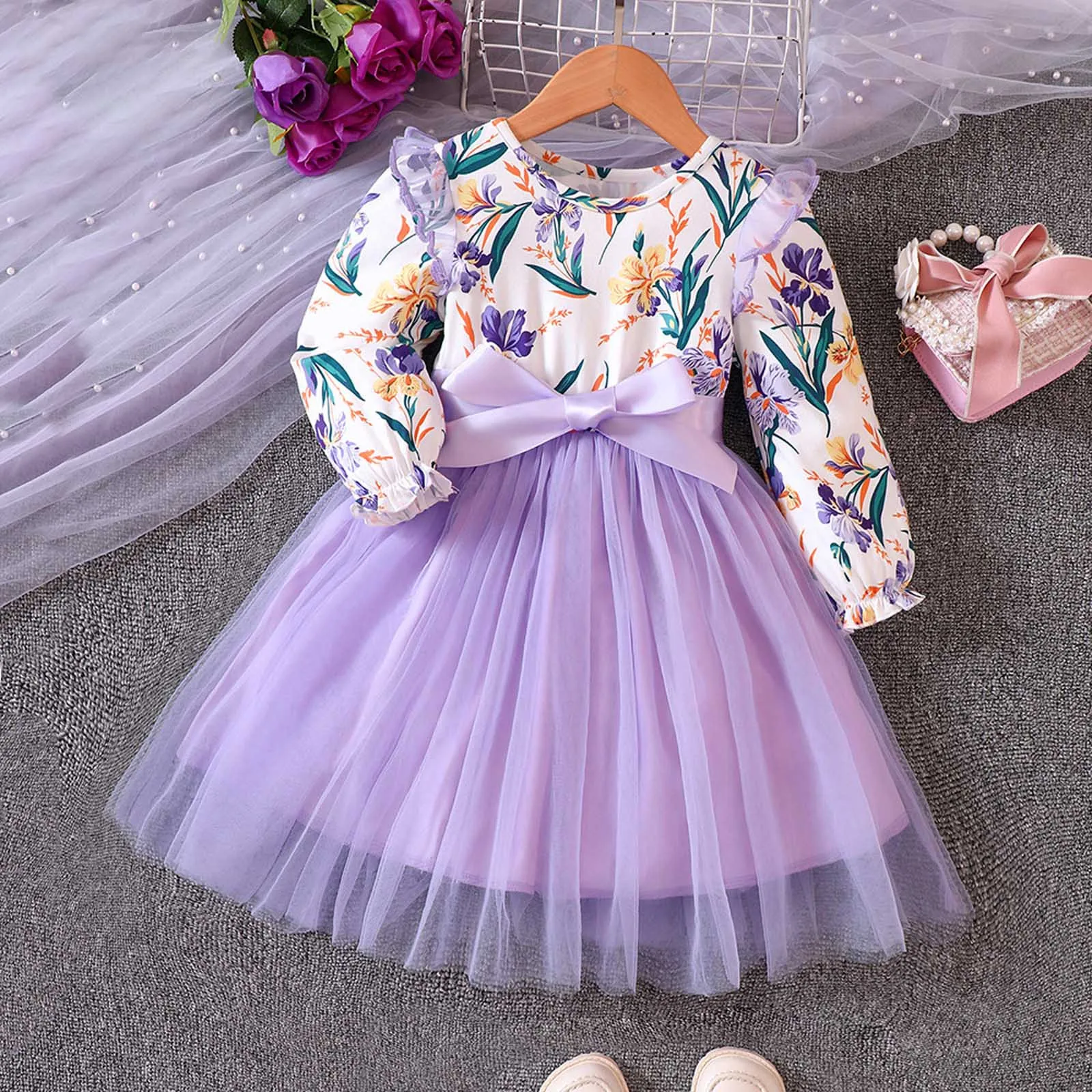 Girl Dresses 2023 Autumn Kid Clothes Long Sleeve Patchwork Floral Print Mesh Princess Party Dress for 1-6 Years Girls Clothes