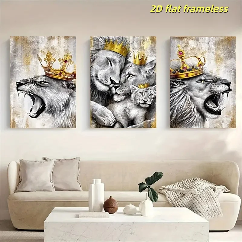 3 pieces of Lion King and Queen Crown art canvas posters, suitable for homes, offices, bars, pubs, cafes, and fashion art 2D fla