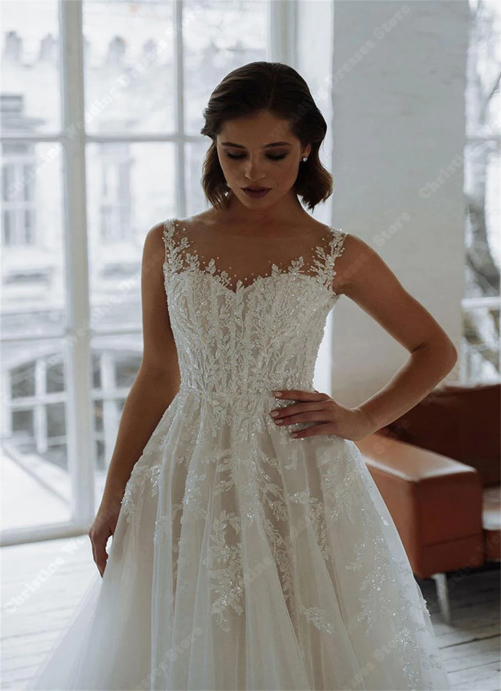 Vestido De Novia con estampado De flores y tirantes para el hombro, traje De princesa sin mangas, hecho a medida