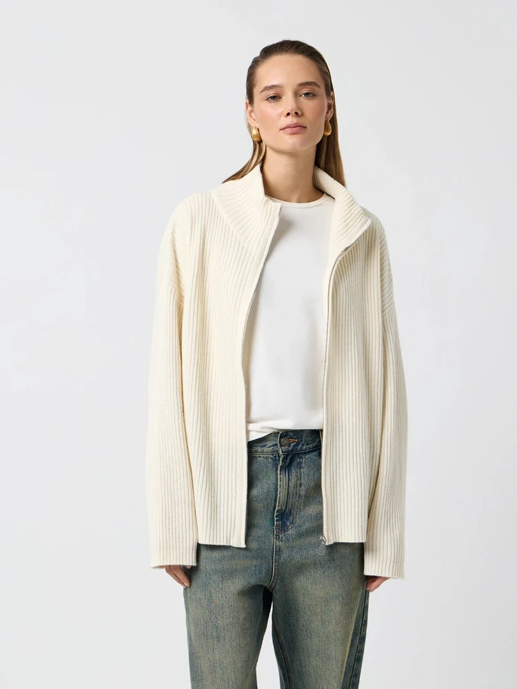 2025 Autunno e Inverno Moda Nuove Donne Elegante Cardigan di Lana Lavorato a Maglia Cerniera Stand Up Colletto a Maniche Lunghe Giacca Calda Spessa