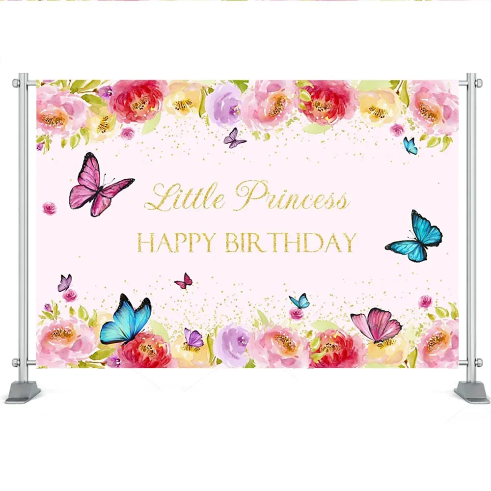 Fondos de cumpleaños de mariposa, mesa de pastel, fiesta, fotografía de bebé, fondo de Hada de las flores impreso, fondo artístico para niños