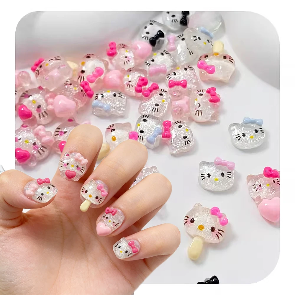 

10pcs Kawaii Glitter Pink Hello Kitty Nail Art Charms 3D Sparkling Heart KT Heart With Bow/Ice Cream KT DIY Cute Nail Accessorie